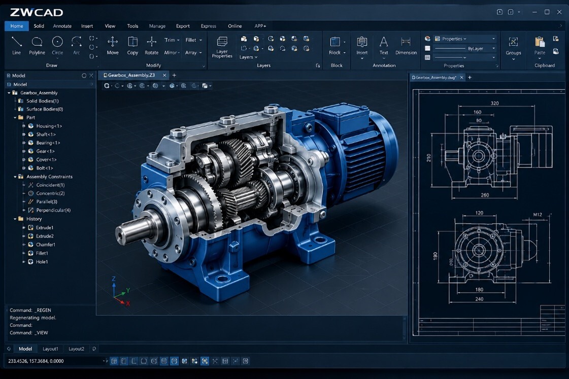 Interfejs ZWCAD z modelem mechanicznym i dokumentacją techniczną
